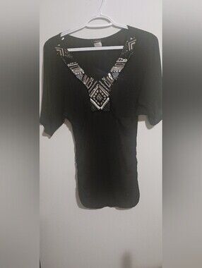 Ambiance Apparel Black Dolman Sleeve Beaded V-Neck Top Small